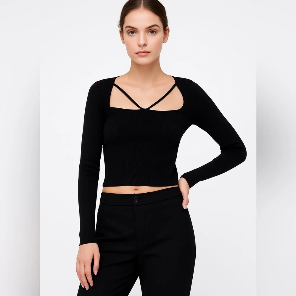 ZARA Square Neck Ribbed Long Sleeve Top – Black